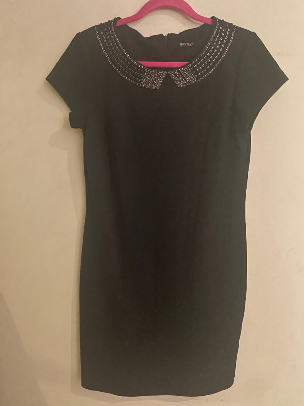 Ellen Tracy Black Sheath Dress Beaded Embellished Collar Short Sleeve